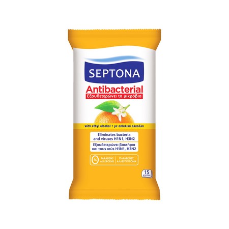 Septona Antibacterial ΑΝΘΗ ΠΟΡΤΟΚΑΛΙΟΥ ΥΓΡΑ ΜΑΝΤΗΛΑΚΙΑ 15ΤΜΧ