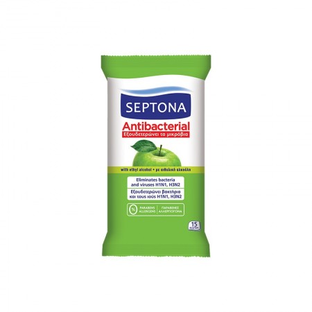 Septona Antibacterial Πράσινο Μήλο Υγρά Μαντηλάκια 15τμχ
