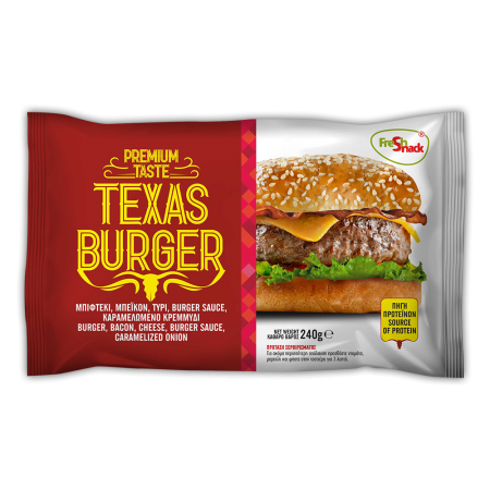 TEXAS BURGER ΜΕ ΜΠΕΙΚΟΝ,ΤΥΡΙ,SAUCE & ΚΑΡΑΜΕΛΩΜΕΝΟ ΚΡΕΜΜΥΔΙ 240γρ