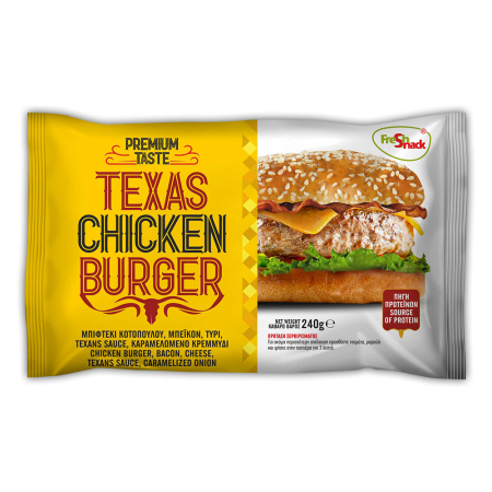 TEXAS CHICKEN BURGER ME ΜΠΕΙΚΟΝ,ΤΥΡΙ,SAUCE,ΚΑΡΑΜΕΛΩΜΕΝΟ ΚΡΕΜΜΥΔΙ 240γρ